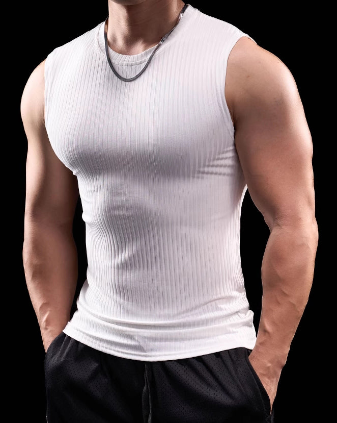 High Stretch Ribbed Stripe Crew Neck Vest - Ahaselected