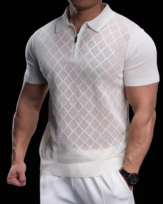 Quarter Zip High Stretch Checked Pattern Polo - Ahaselected