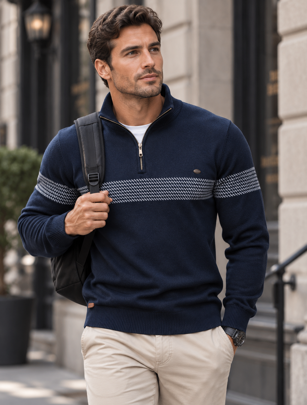 Maglione da uomo a mezza zip a righe in maglia