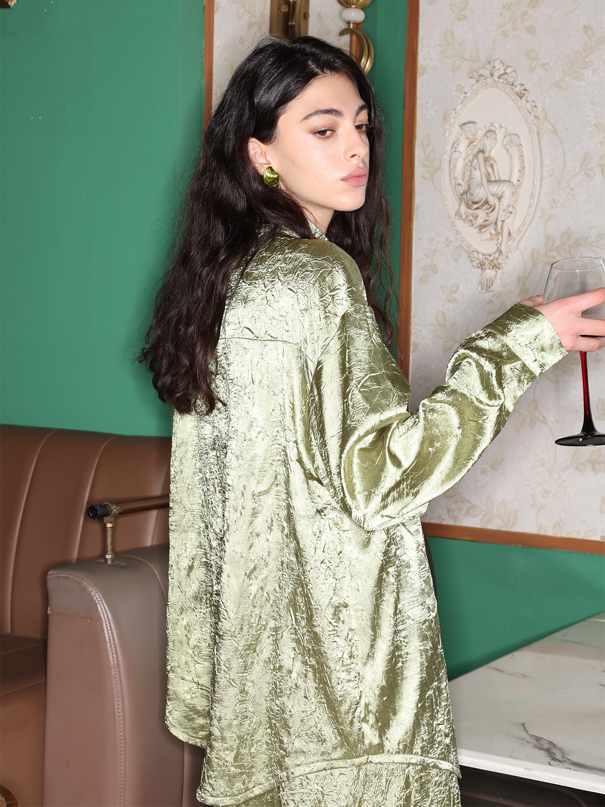 Textured Satin Patch Pocket Oversize Shirt & Wide Leg Pants 2 Pieces Set - Ahaselected