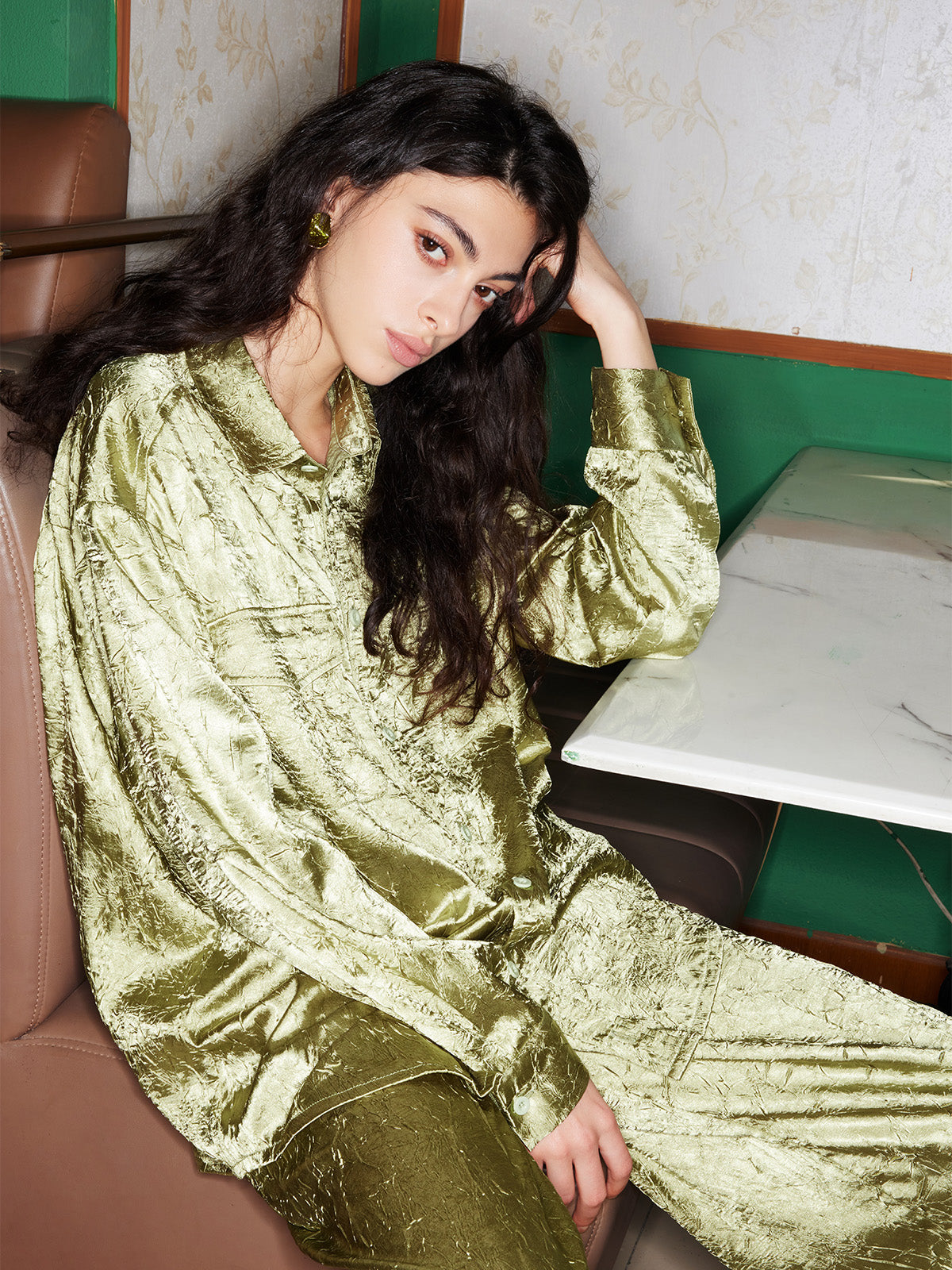Textured Satin Patch Pocket Oversize Shirt & Wide Leg Pants 2 Pieces Set - Ahaselected