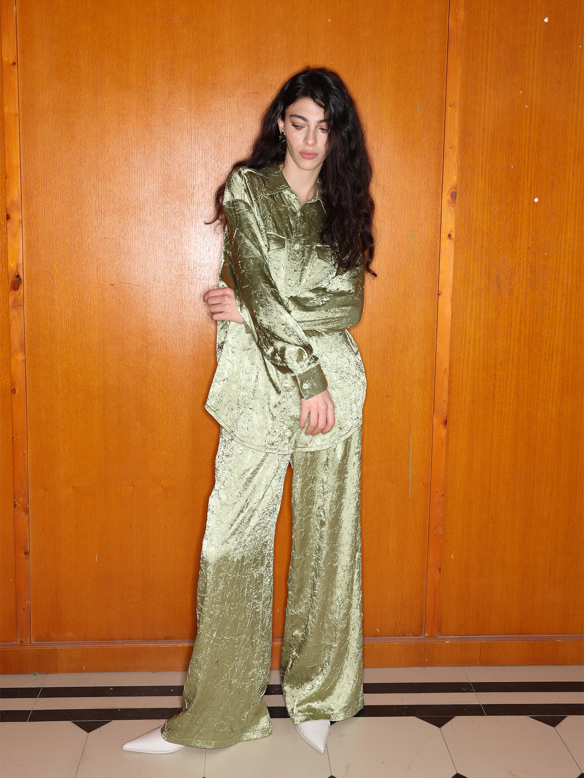 Textured Satin Patch Pocket Oversize Shirt & Wide Leg Pants 2 Pieces Set - Ahaselected