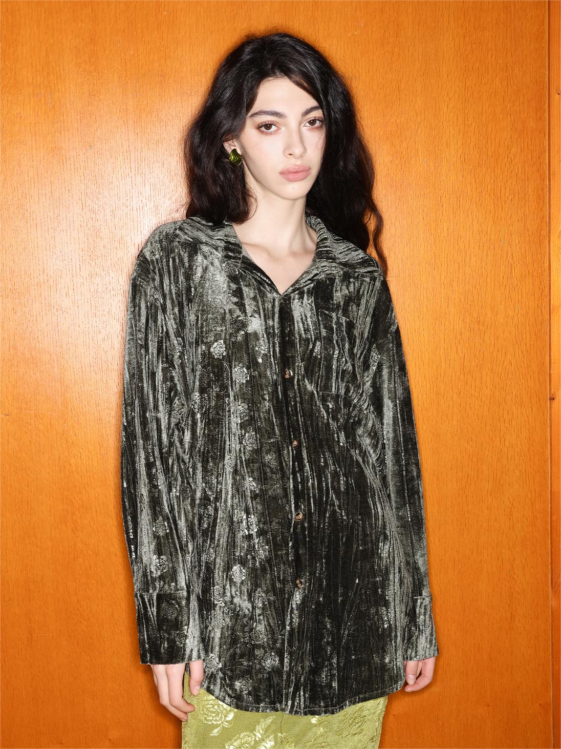 Chic Loose Fit Velvet Embossed Blouse - Ahaselected