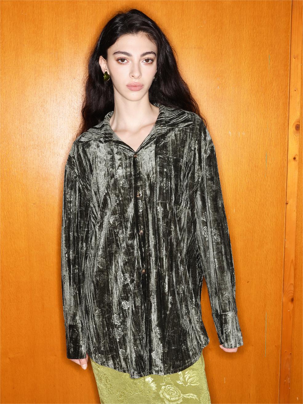 Chic Loose Fit Velvet Embossed Blouse - Ahaselected