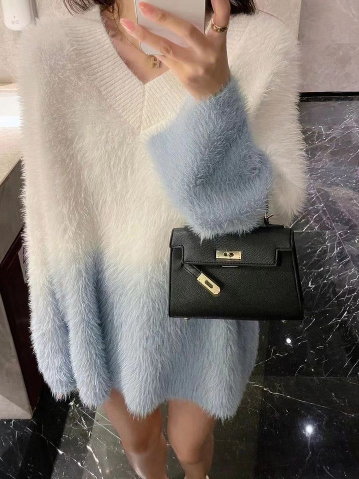 Cozy Gradient Large V-Neck Mink Sweater