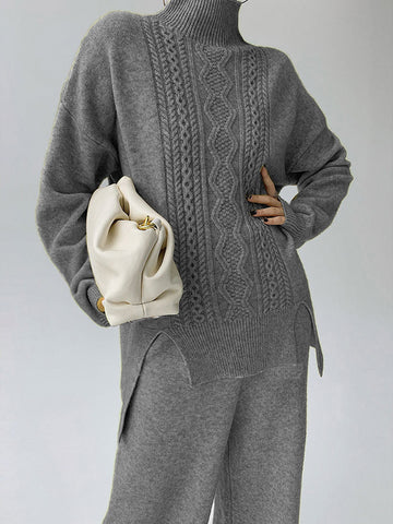 Loose Twist High Neck Sweater & Wide Leg Pant 2 Piece Lounge Set