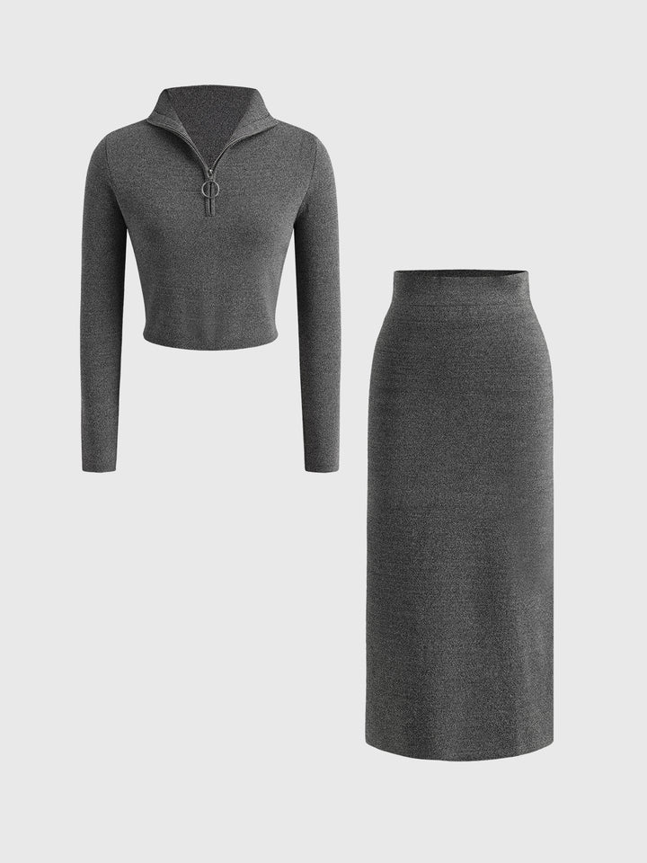 하이넥 코지 스웨터 &amp; 스플릿 미디 드레스 2개 세트