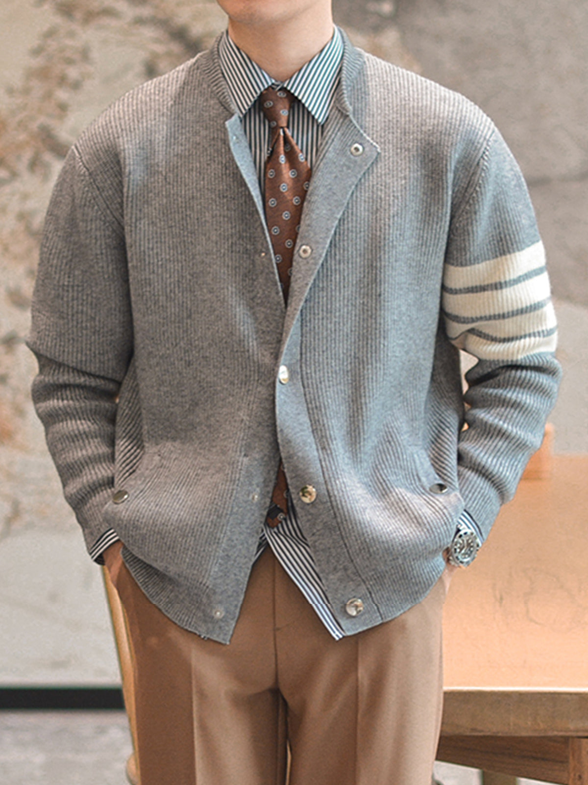 M's Striped Shawl Cardigan - Ahaselected