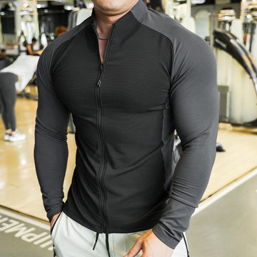 Schulterfreier, zweifarbiger Langarmpullover mit durchgehendem Reißverschluss 