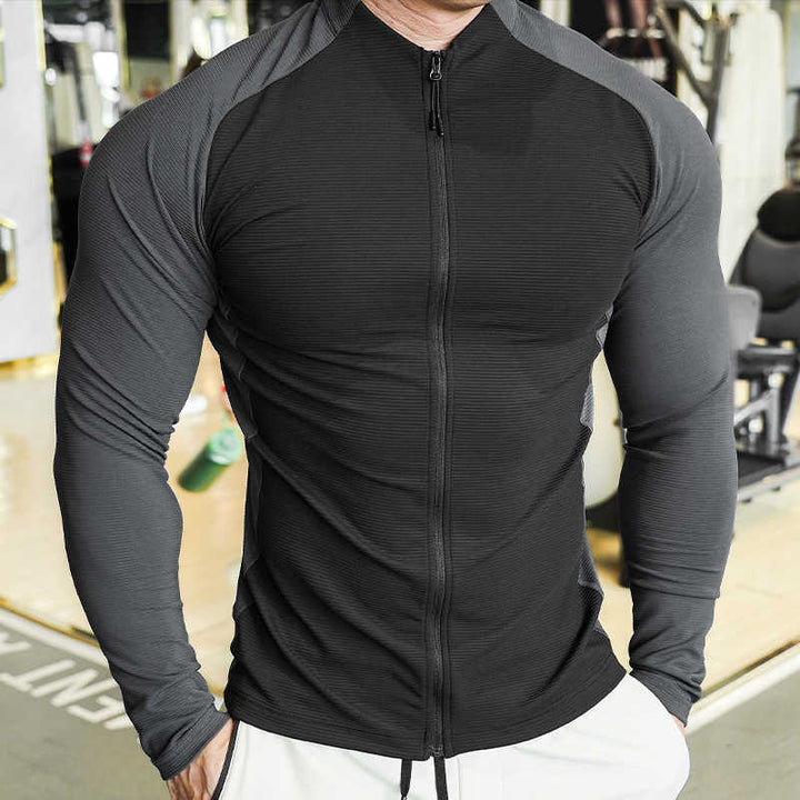 Schulterfreier, zweifarbiger Langarmpullover mit durchgehendem Reißverschluss 