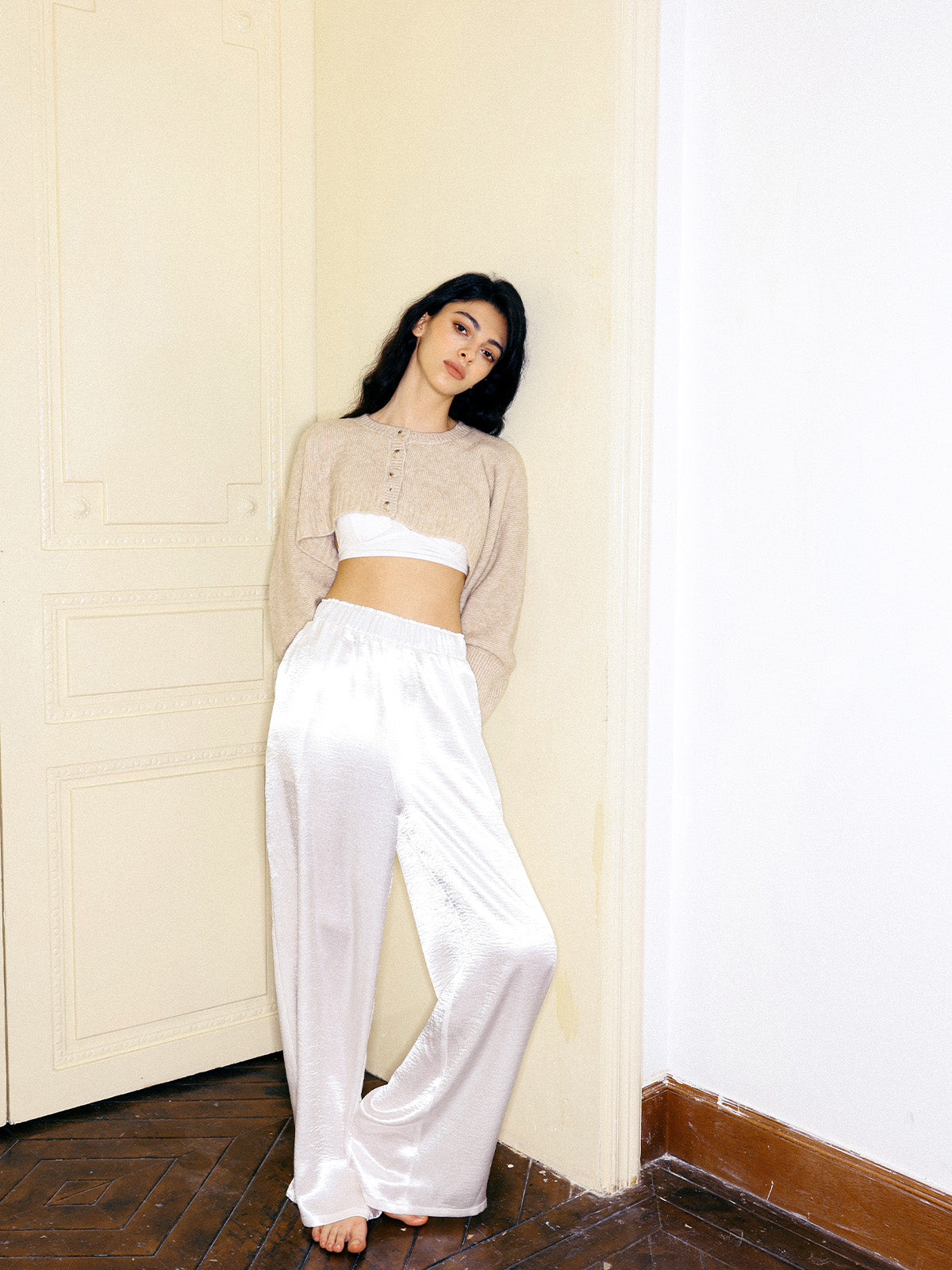 Textured Satin Elastic Waistband Wide Leg Pants - Ahaselected