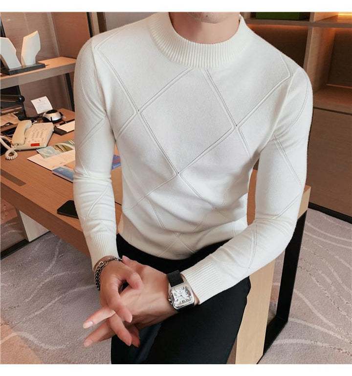 M's Mock Neck Grid Rhombic Sweater