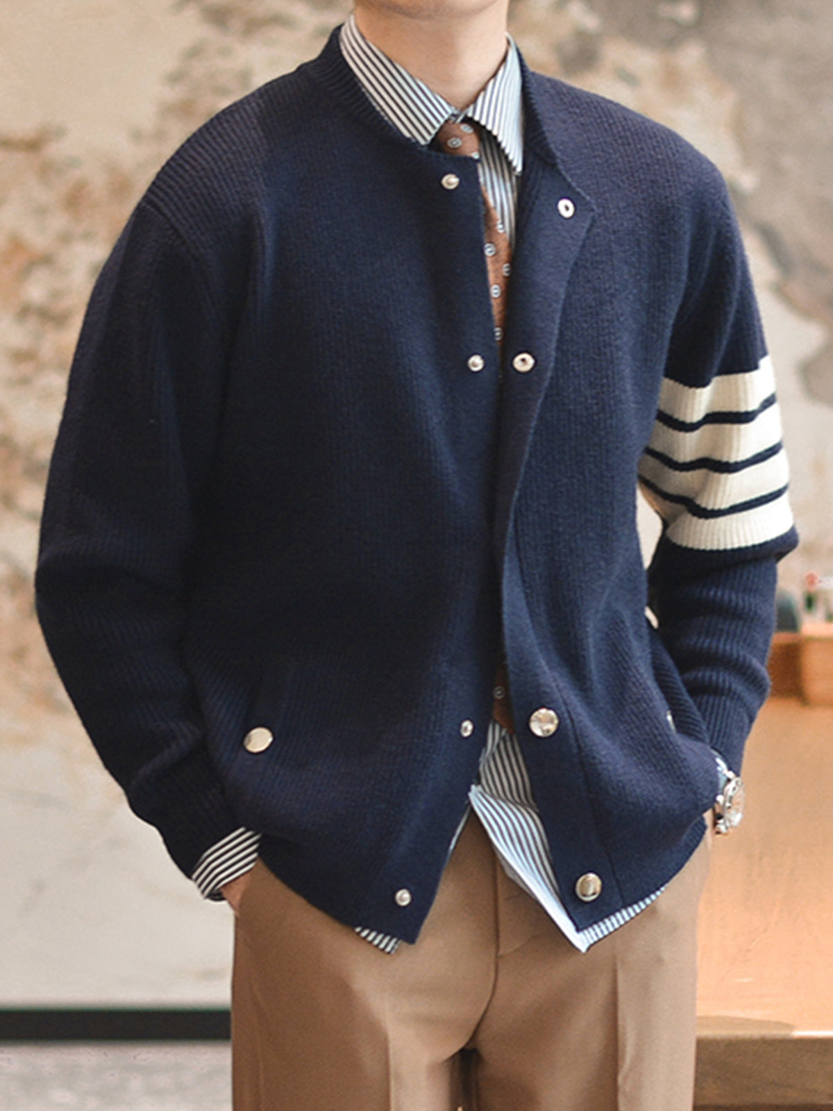 M's Striped Shawl Cardigan - Ahaselected
