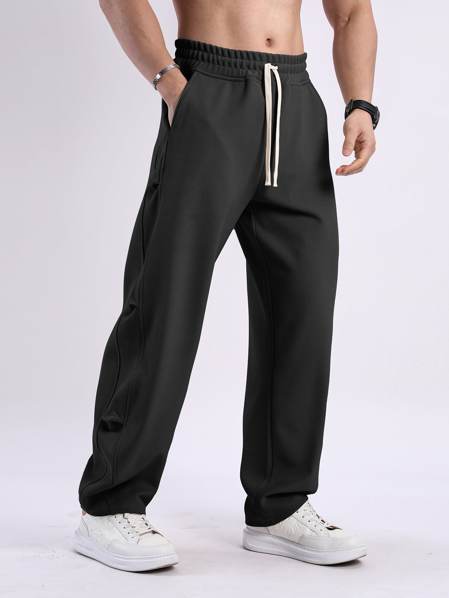 Waffle Texture Wide-Leg Straight Jogger Pants-thumbmail-22