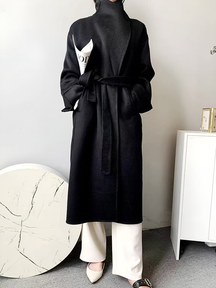 Sleek Broad Lapel Long Black Coat