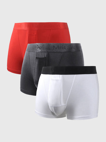 3 Packs M's Dual Pouch Trunks Separate Fly Boxer Briefs-Red/Stone/White