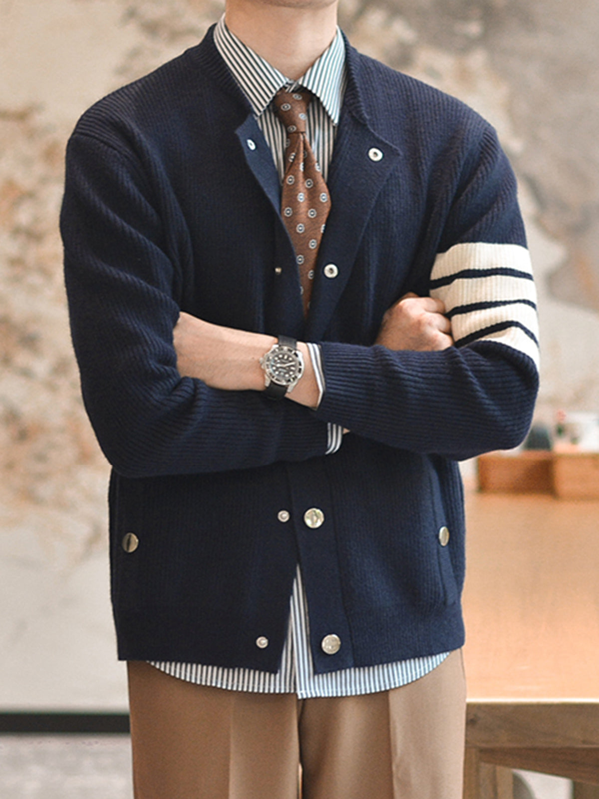 M's Striped Shawl Cardigan - Ahaselected