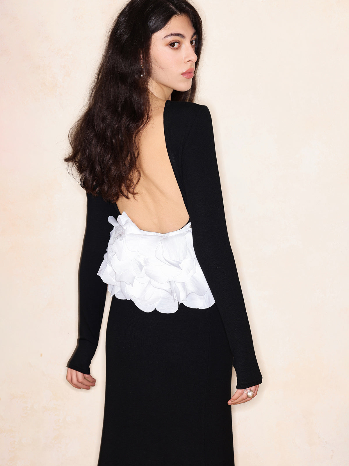 Flower-Embellished Backless Fine Ribbed Knit Dress - Ahaselected