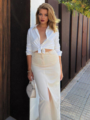 Cream Slit Twill Hook Maxi Skirt