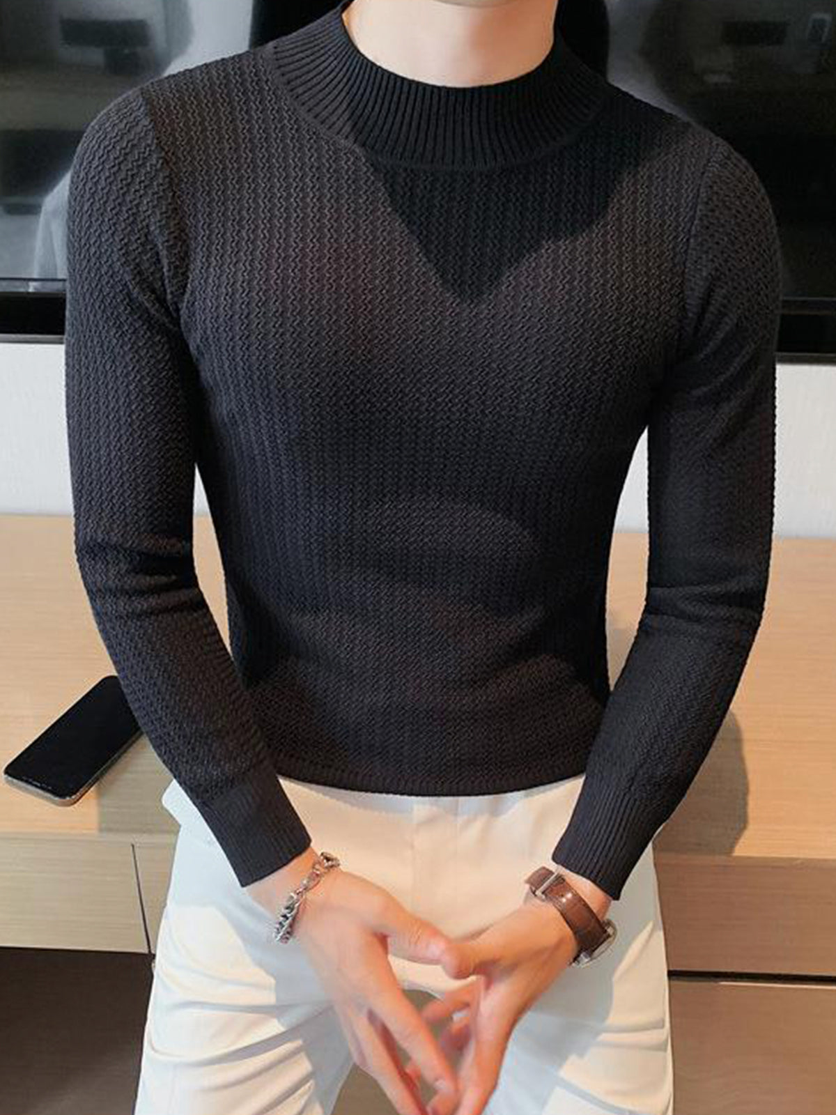 Mock-Neck Texture Baselayer Sweater - Ahaselected