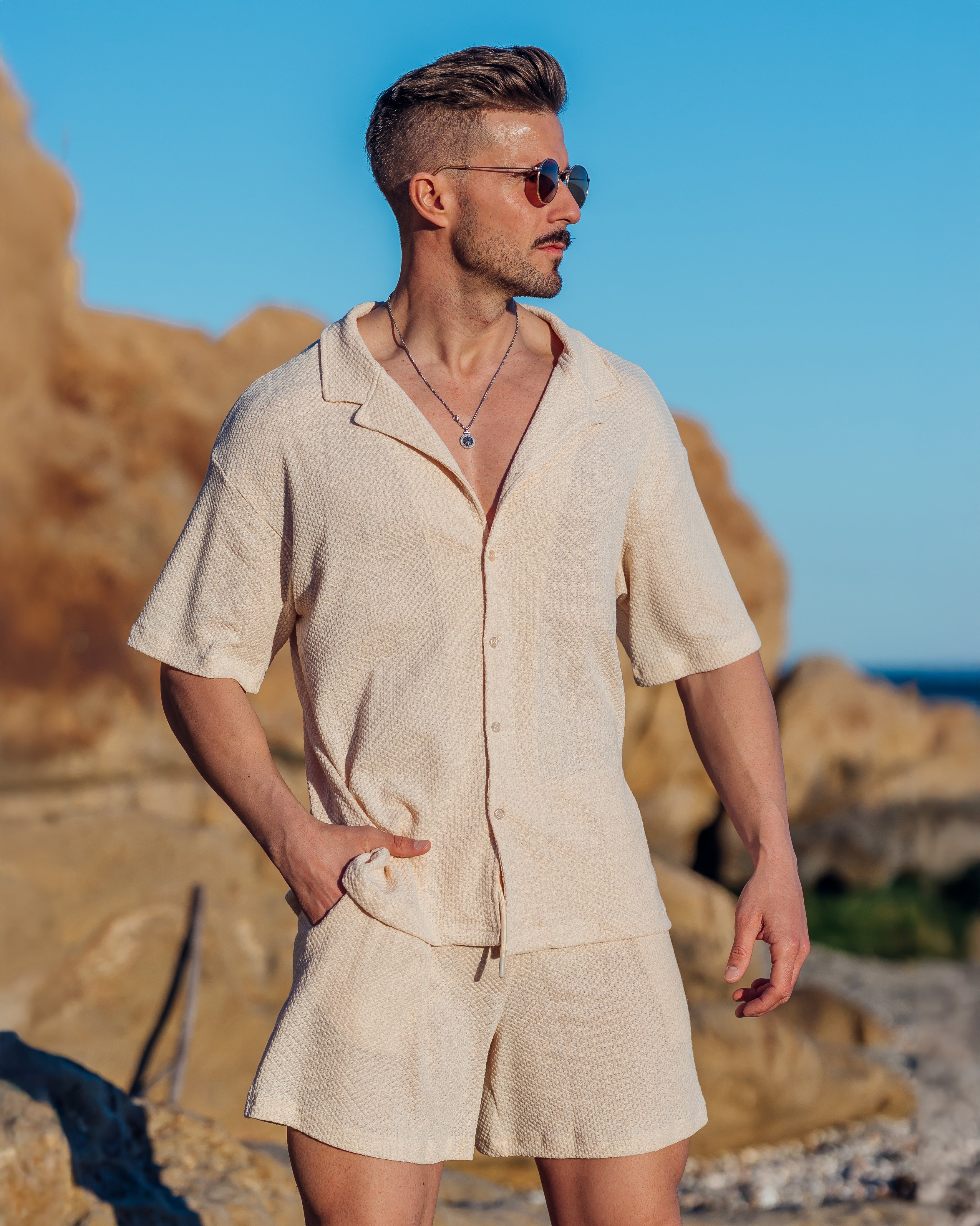 Set: Knit Hawaiian Set Shirt +Short Sand - Ahaselected