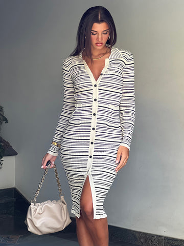 Collar Button Striped Knitted Dress