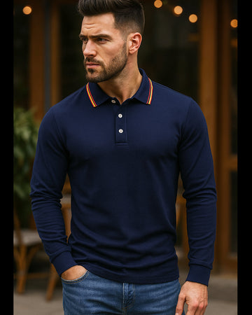Long Sleeve Polo Shirt with Stripe Collar