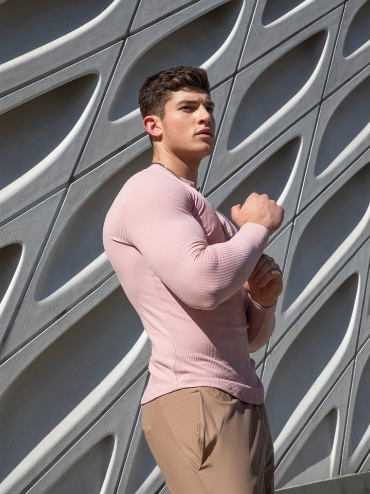 Muscle Fit V-Neck Long Sleeve Cotton Rib Knit Stretch T-Shirt