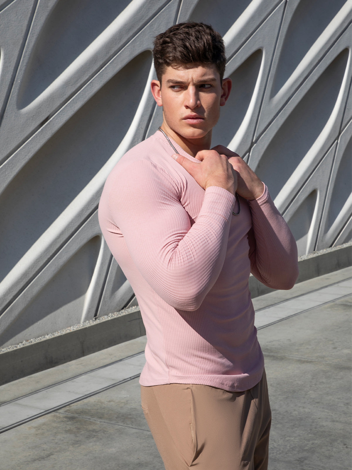 Muscle Fit V-Neck Long Sleeve Cotton Rib Knit Tech T-Shirt - Ahaselected