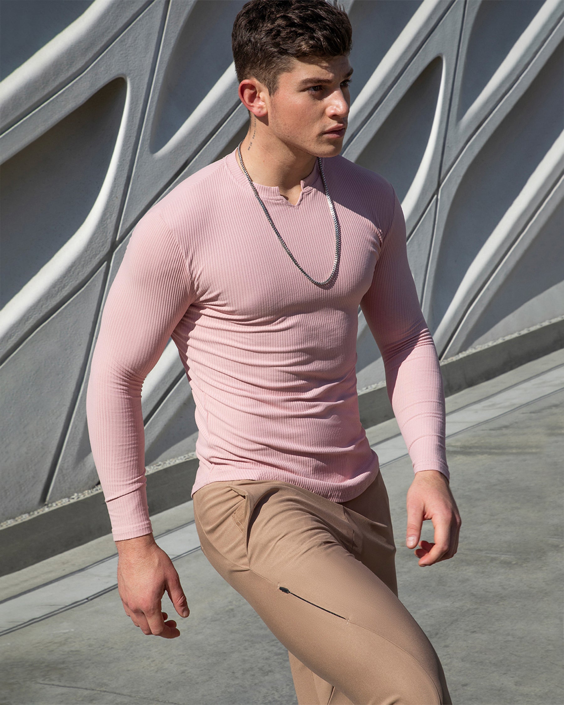 Muscle Fit V-Neck Long Sleeve Cotton Rib Knit Tech T-Shirt - Ahaselected