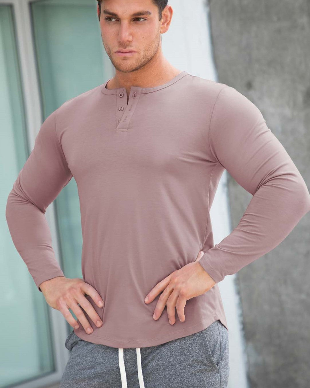 All Day Elite Henley Curve-Hem Stretch Long Sleeve - Ahaselected