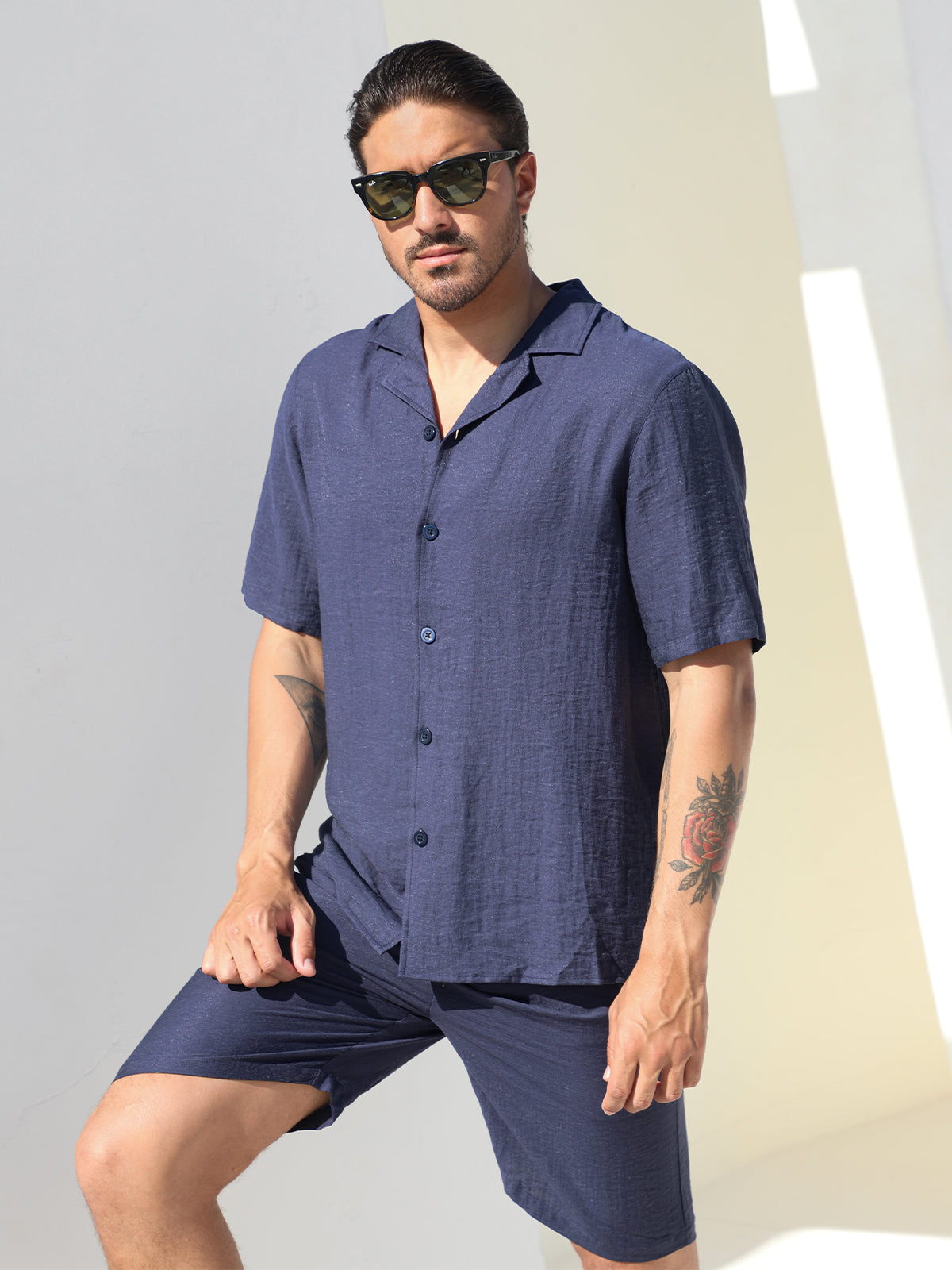 Set Linen Hawaiian Shirt +Shorts Navy - Ahaselected