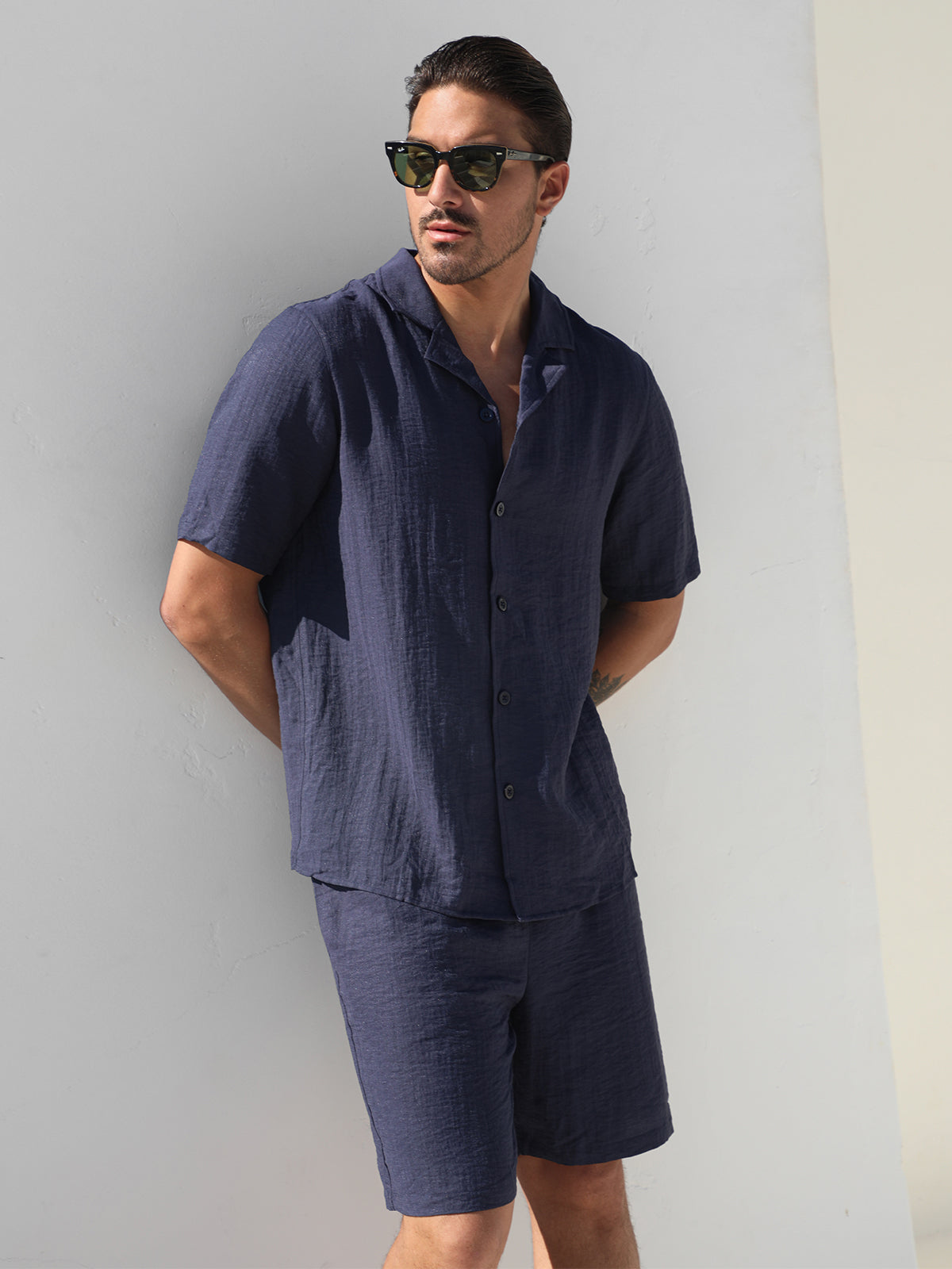 Set Linen Hawaiian Shirt +Shorts Navy - Ahaselected