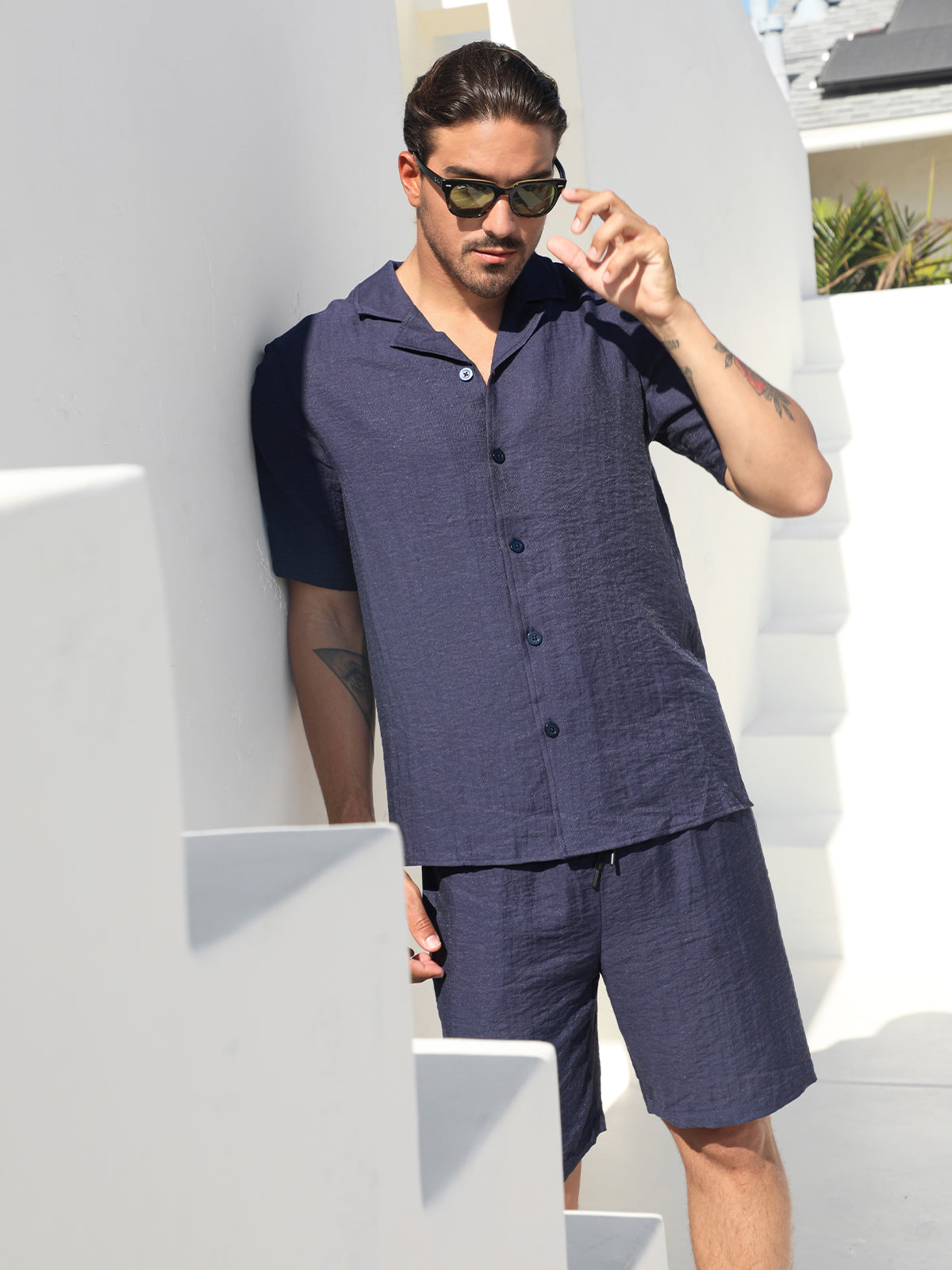 Set Linen Hawaiian Shirt +Shorts Navy - Ahaselected