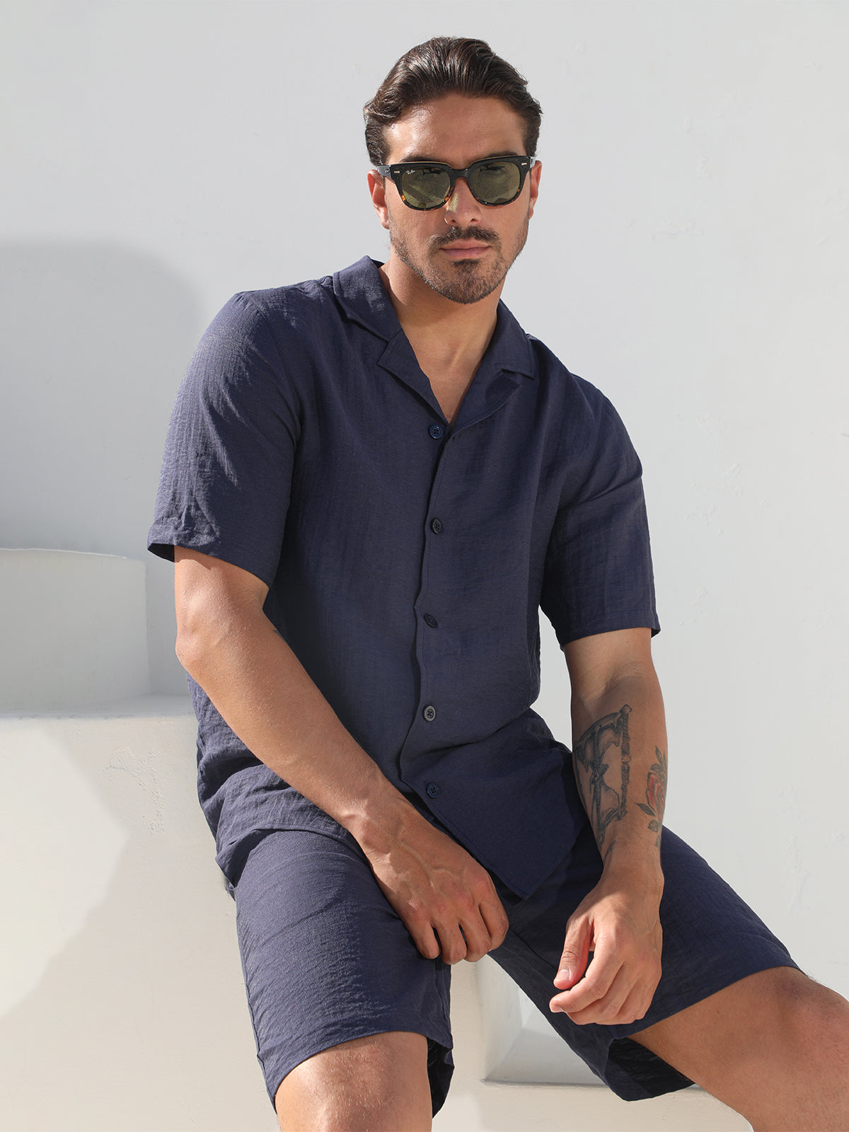 Set Linen Hawaiian Shirt +Shorts Navy - Ahaselected