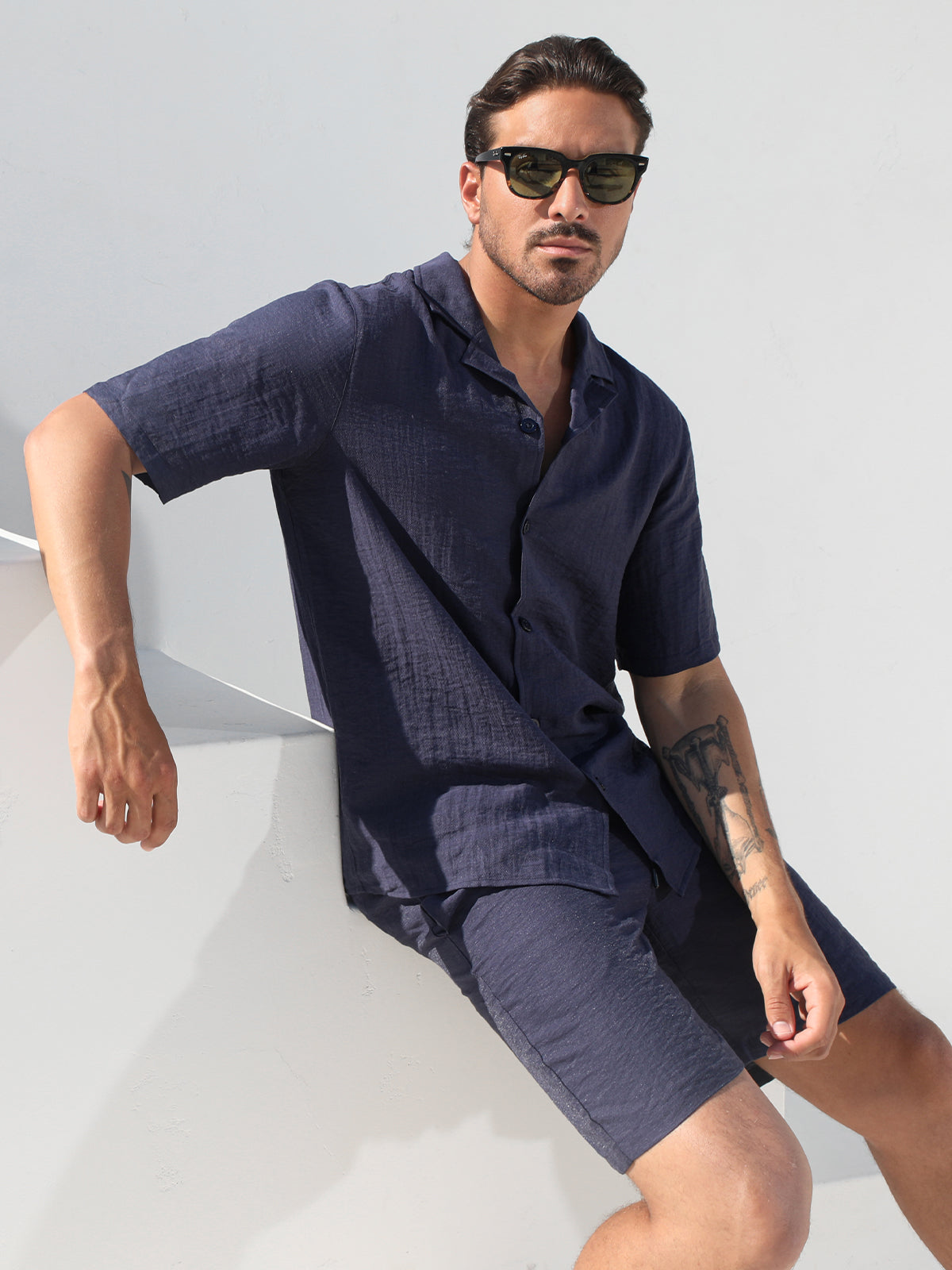 Set Linen Hawaiian Shirt +Shorts Navy - Ahaselected