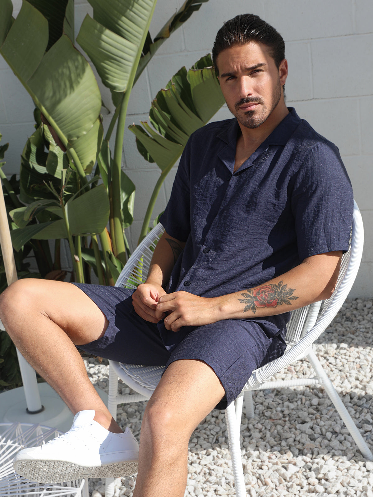 Set Linen Hawaiian Shirt +Shorts Navy - Ahaselected