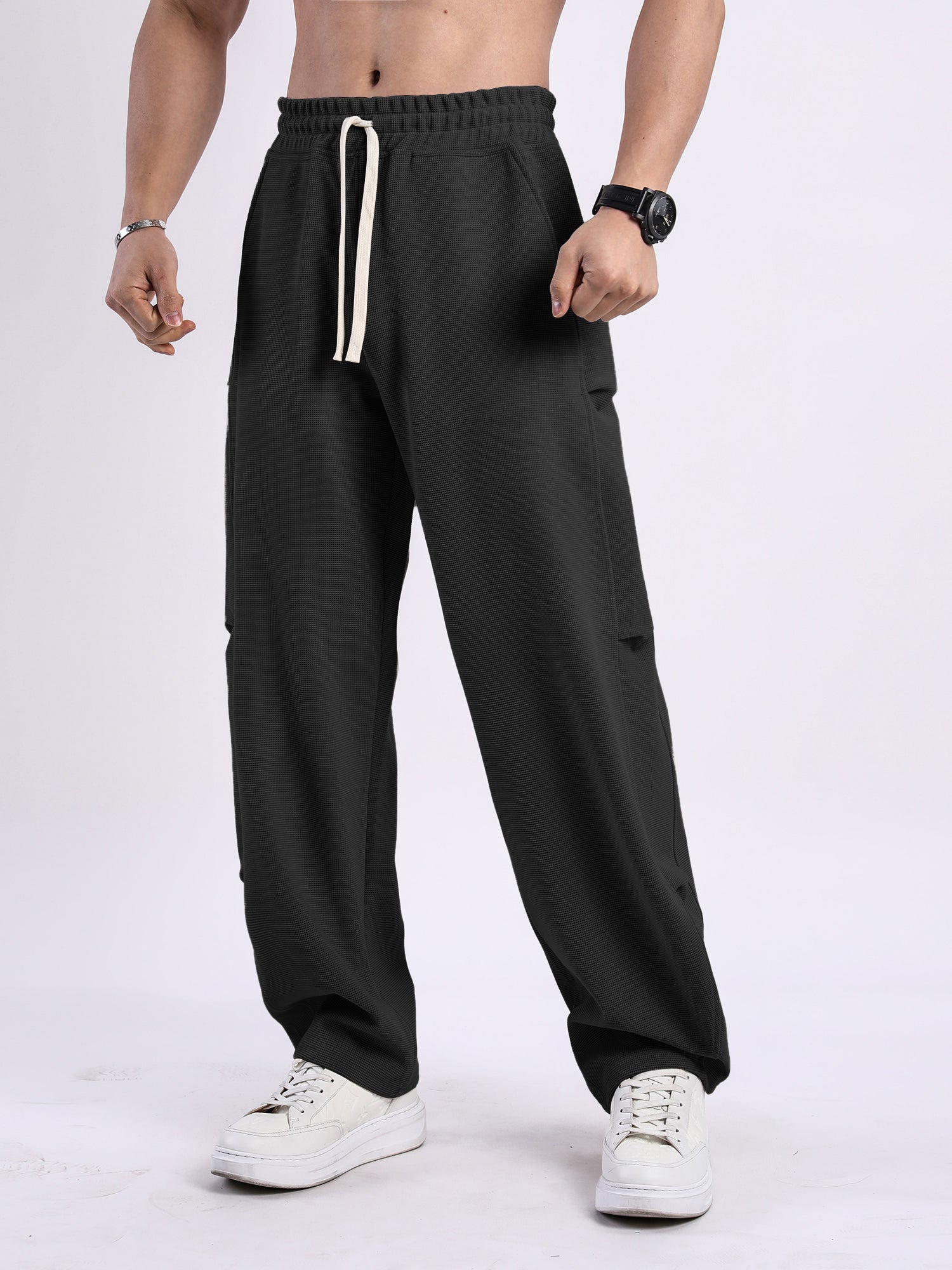 Waffle Texture Wide-Leg Straight Jogger Pants-thumbmail-21