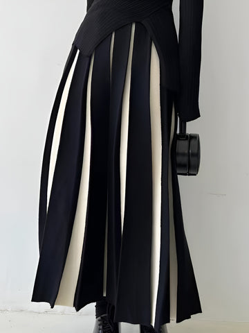 High Waist Colorblock Pleated Midi Skirt