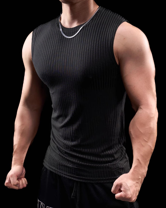 High Stretch Ribbed Stripe Crew Neck Vest - Ahaselected