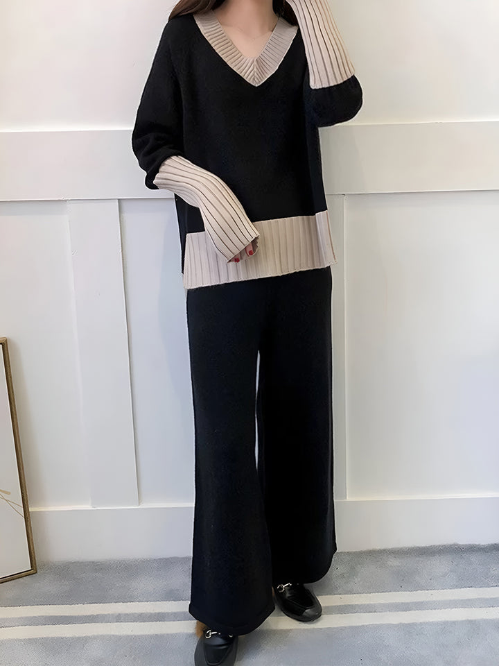Colorblock Sweater & Casual Wide-leg Pants Two-piece Set