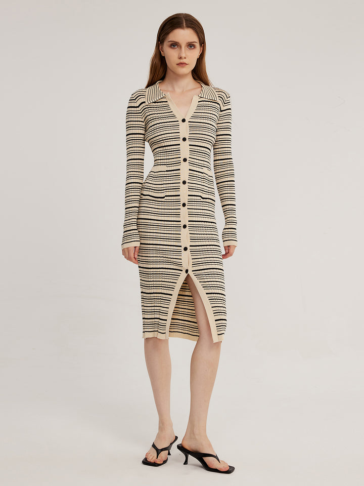 Collar Button Striped Knitted Dress