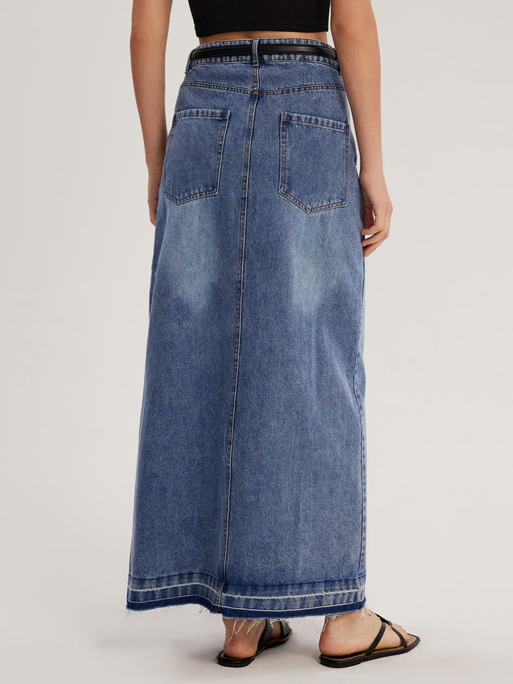 Asymmetrical Distressed Slit Maxi Denim Skirt