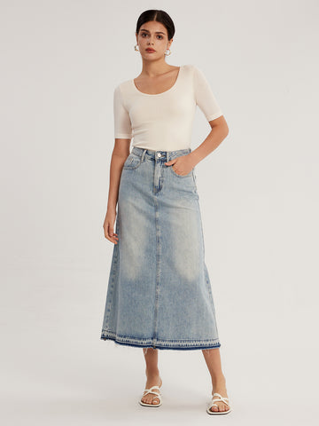 Raw Hem Pocket Slit Denim Maxi Skirt