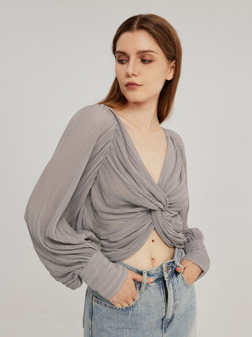 V-neck Knot Front Crop Shirt