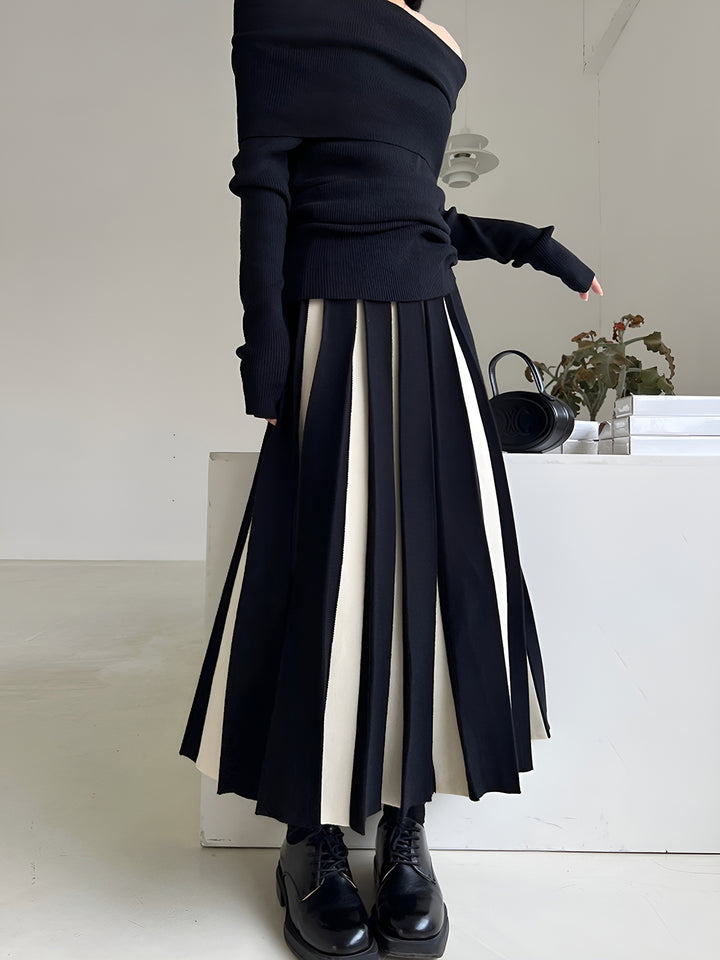 High Waist Colorblock Pleated Midi Skirt