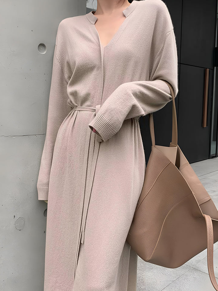 Belted V-Neck Knit Midi Dress