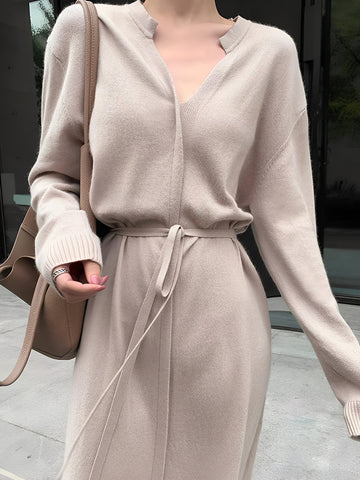 Belted V-Neck Knit Midi Dress