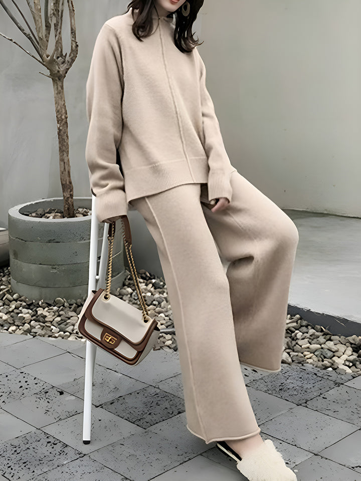 Side Slit Sweater & Knitted Wide-Leg Pants Two-Piece Set