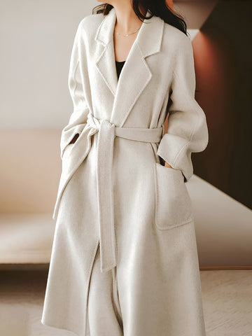100% Wool Waist-Tie Long Coat with Side Pockets